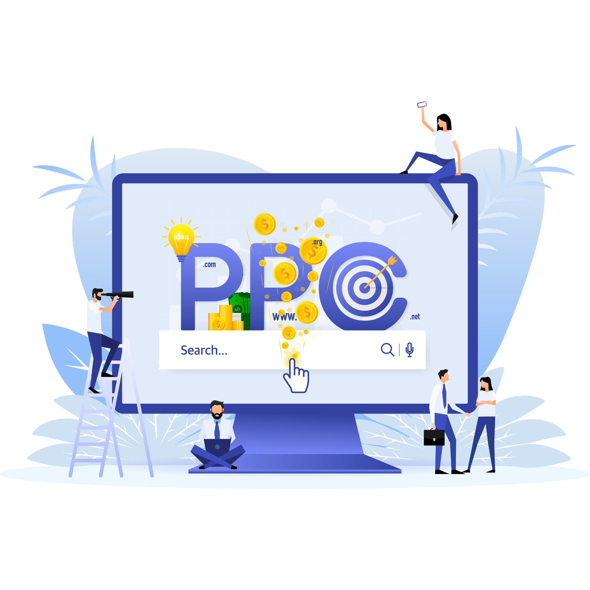 Illustration representing Google Ads with a large screen displaying "PPC" (pay-per-click) and a search bar. Figures are seen engaging with the screen, highlighting elements like money, websites, and targeting, symbolizing the impact of Google Ads in driving traffic and generating revenue.