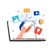 Illustration of a hand holding a magnet, attracting various digital icons like emails, images, and dollar signs, symbolizing digital marketing lead generation.