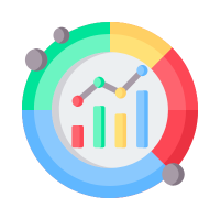 Illustration of a pie chart and bar graphs, representing data analytics and performance tracking for digital marketing campaigns.