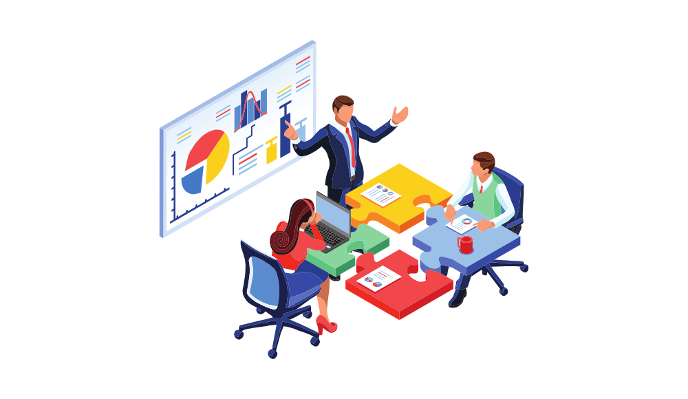 Business team collaborating on performance data and strategy with pie charts and graphs